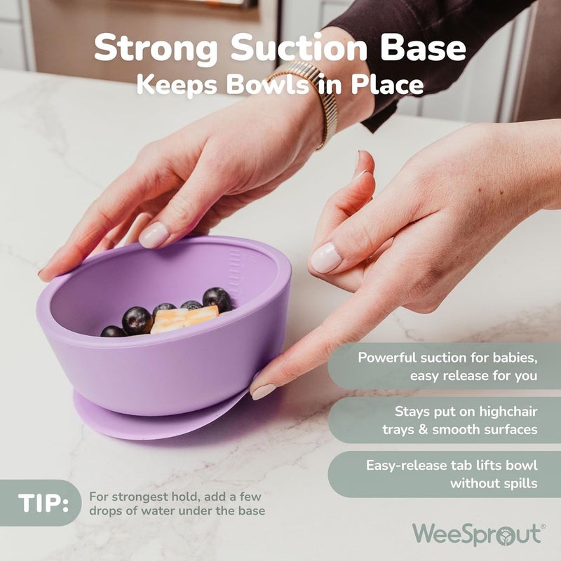 WeeSprout Suction Bowls for Baby & Toddlers (Set of 2) - 100% Silicone w/Plastic Lid - Leak Proof Feeding Supplies - Dishwasher & Microwave Safe Infant Dinnerware w/Extra Strong Base - Image 4